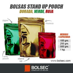 venta de bolsas stand up pouch doradas verdes rojas